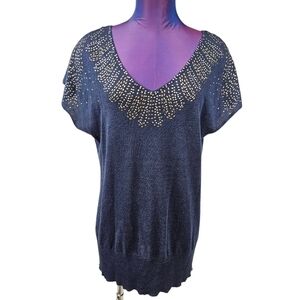 Cache Paisley Studded V-Neck Blue Tunic Top Sleeveless Dolman Sleeve Size Medium